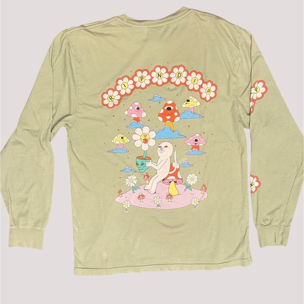 Ripndip Nermal Long Sleeve Shirt Size M Olive Green Trippy Cat Flower Mushroom